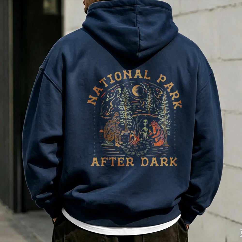 National Park After Dark Bigfoot Alien Campfire Night Forest Hoodie Front Print Sweatshirt Wilderness Camping Outdoor Hooded Top