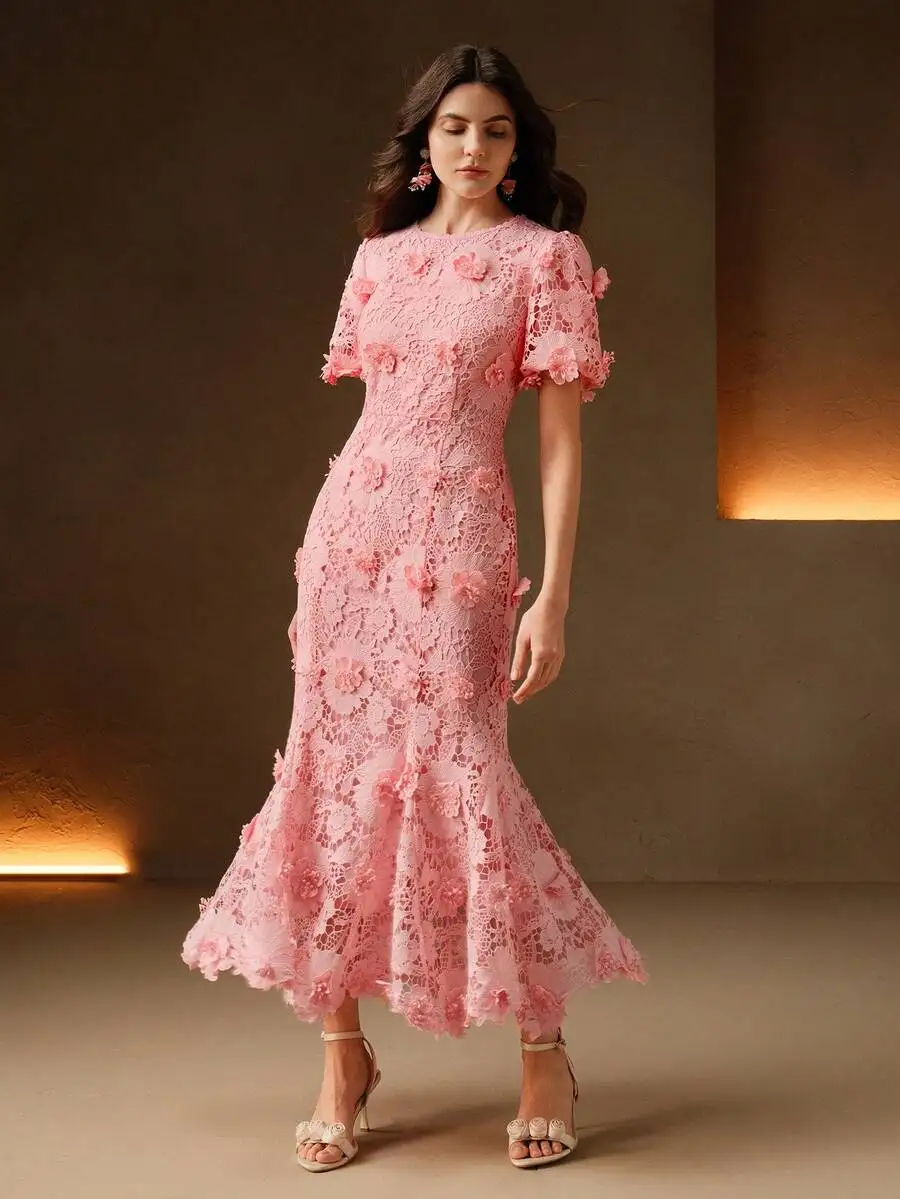 

Pink 3D Floral Lace Mermaid Dress with Short Puff Sleeves for Summer Events