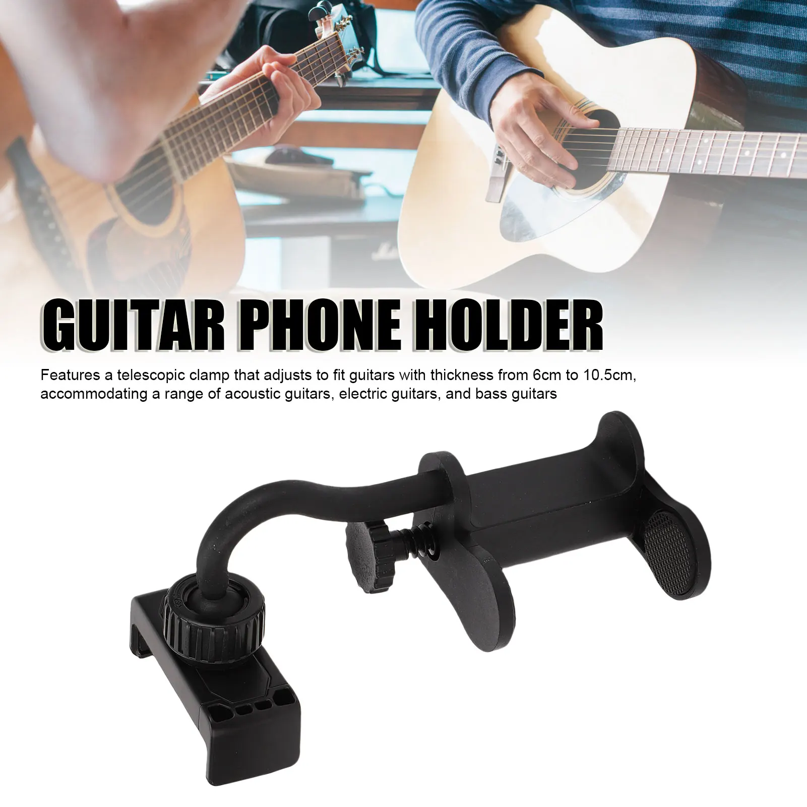 Guitar Phone Holder Adjustable Clamp Mount Smartphone Stand for 6-10.5cm Thick Bass Guitars Ukuleles Black Guitar Phone Holder