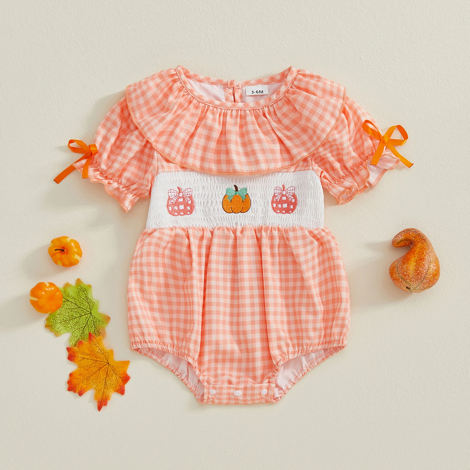 

VISgogo, боди с вышивкой тыквы для маленьких девочек 0-18 месяцев, клетчатые комбинезоны с короткими рукавами и кукольным воротником на Хэллоуин