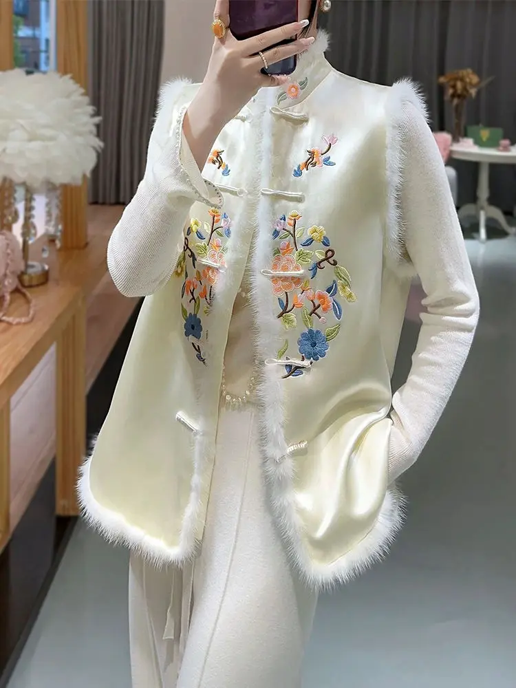 2024 new chinese style women white  embroidered cotton vest suit autumn winter fashion jacket woman tangsuits vest tangsuit coat