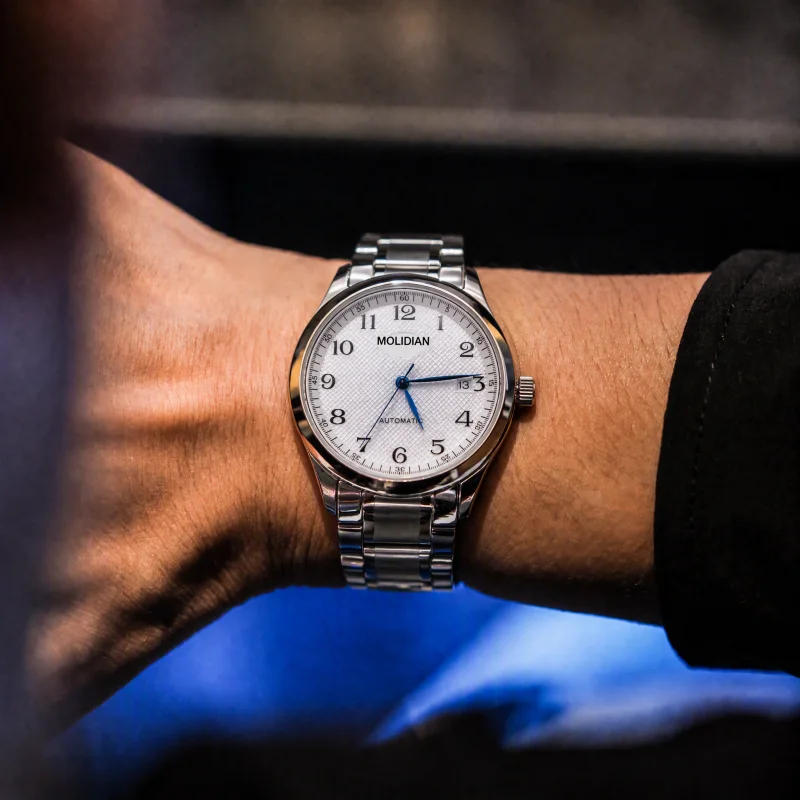 Men Automatic Mechanical Watch Vintage White Dial Blue Hands Stainless Steel Band Business Waterproof Wristwatch-66