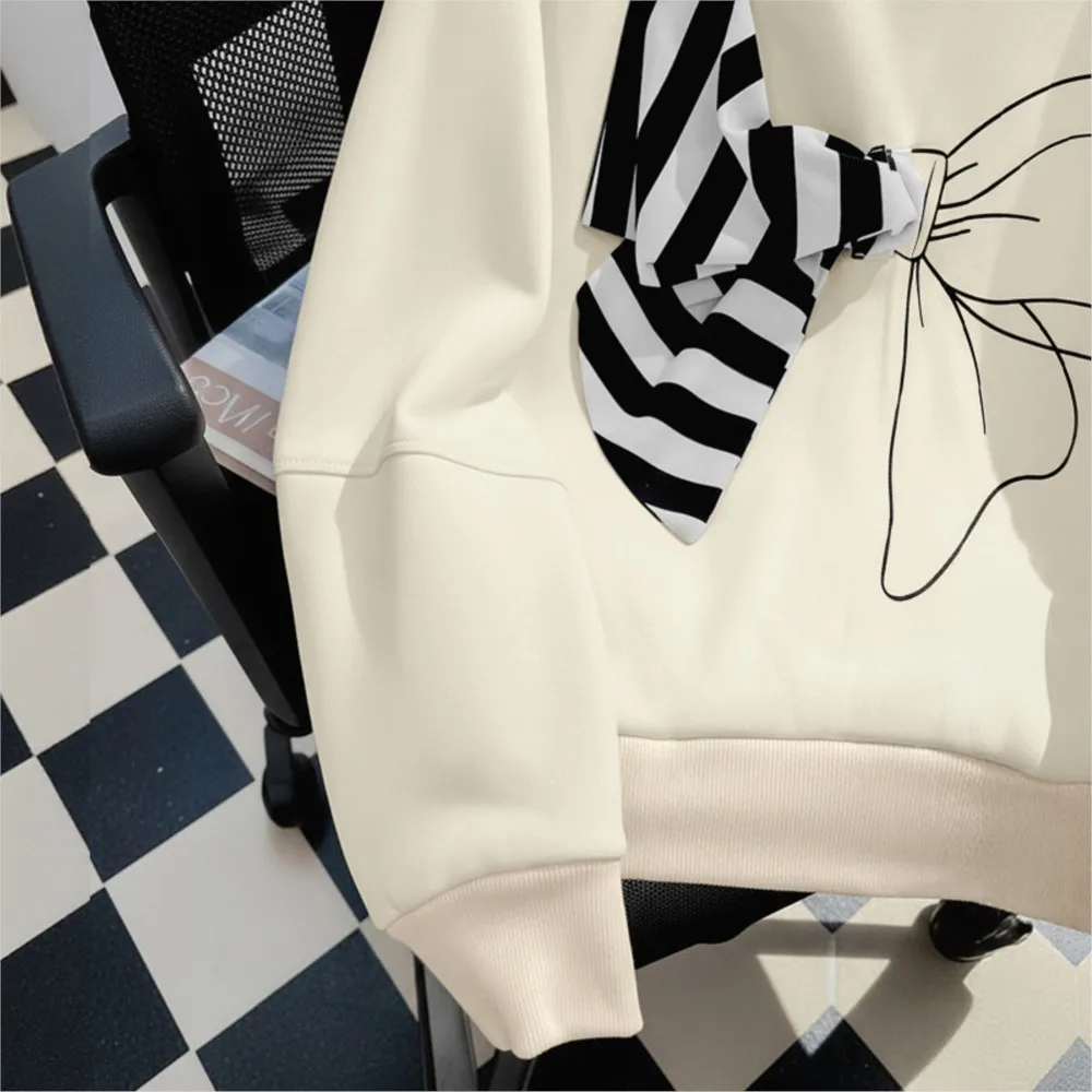 甘いラウンドネックストライプ立体リボン装飾スウェットシャツ女性用オールマッチ通勤シンプルスタイルカジュアルルーズ