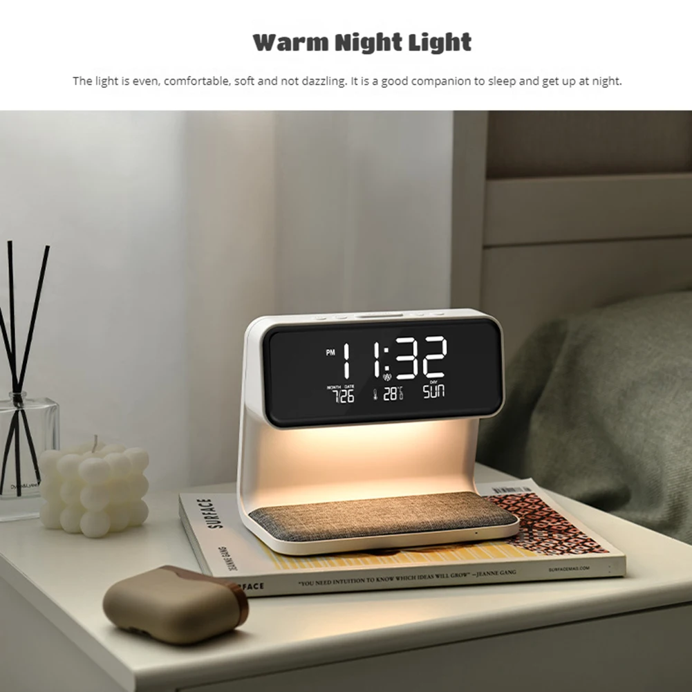 Relógio Desktop Multifuncional com Carregamento Sem Fio, Simples Desk Lamp, Relógios Quarto, Moda Escritório