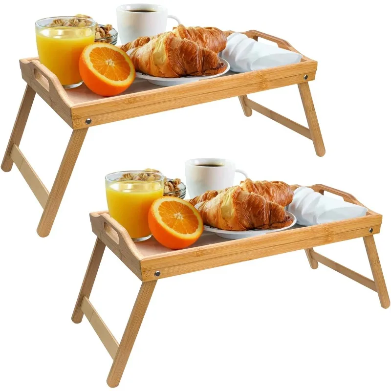 2 Pack Bed Tray Tables for Eating, 20 x 12 Inch Large Bamboo Breakfast Tray with Folding Legs and Handles