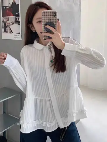 Sexy See Through White Shirt Women Sweet Cute Peter Pan Collar Loose Blouse Korean Fashion Spring Long Sleeve Female Kawaii Tops