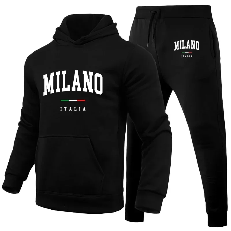 Men\'s Luxury Hoodie Set Milano Print Sweatshirt Sweatpant for Male Hooded Tops Jogging Trousers Suit Casual Streetwear Tracksuit