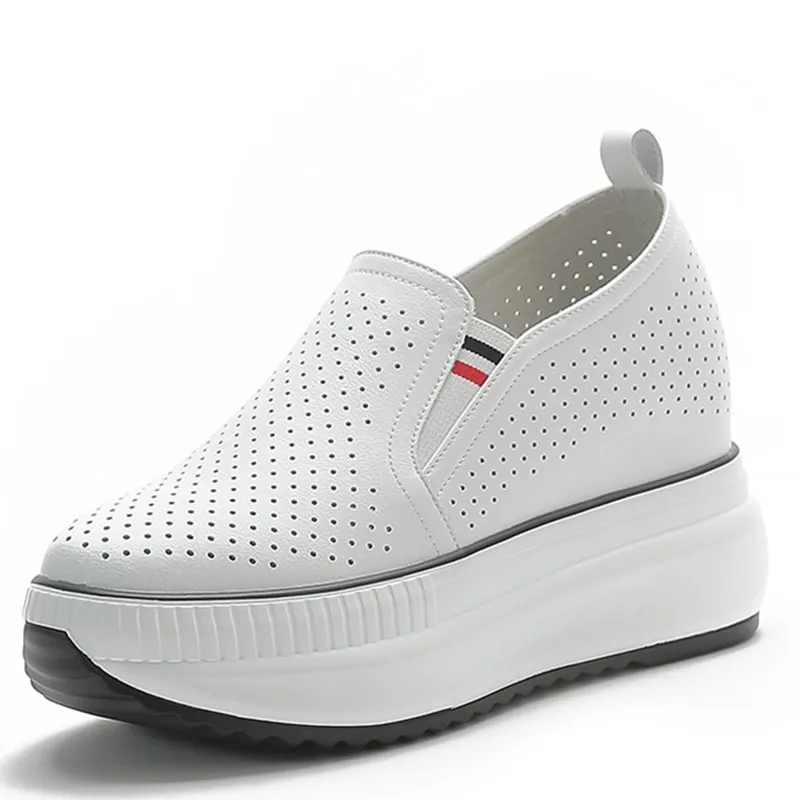

Pop 8CM Women Summer Breathable Casual Sandals Platform Wedge Fashion Ins White Genuine Leather Chunky Sneaker Hollow Shoes