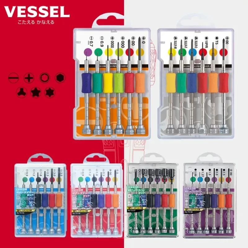 VESSEL 6PCS Precision Screwdriver Set TD-55/56/56S/56Y/57/58 - PH/SL/HEX/TORX/Y Bits for Phone/PC/Smart Home Repair
