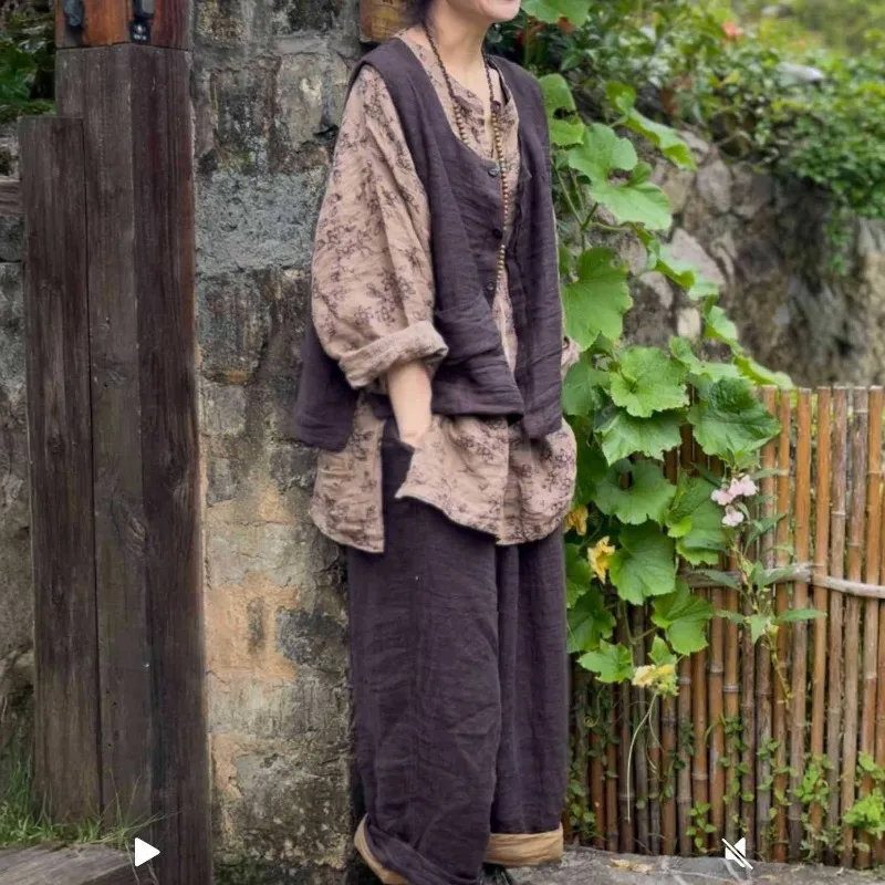 Women Fall Layered Linen Vests Solid Color Vintage Waistcoats 2026 Autumn New Sleeveless Tops  V-Neck Pockets Female New Vests