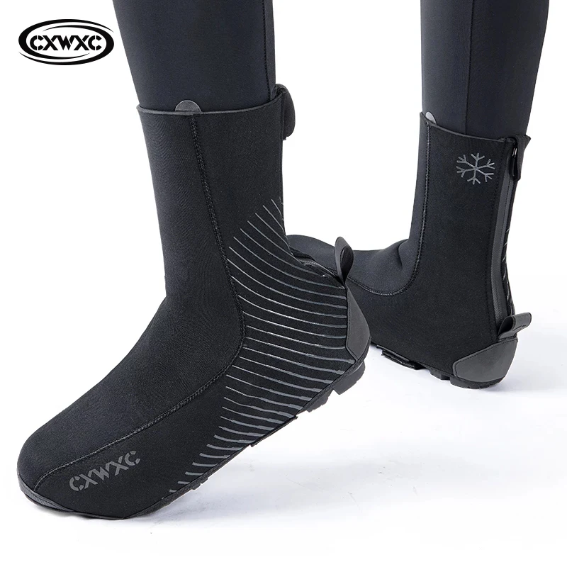 CXWXC Winter Cycling Overshoes MTB Bike Thermal Warm Shoes Cover Bicycle Waterproof Reflective Shoe Cover With Durable Zipper