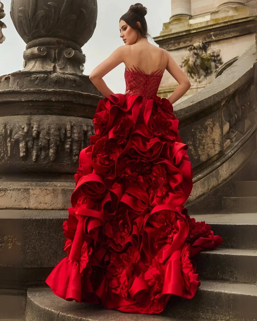 Red Satin Ruffle High‑Low Skirt  Asymmetrical A‑Line Summer Party Dress, 2025 New Elegant Evening Wear Maxi Flower Skirts Party