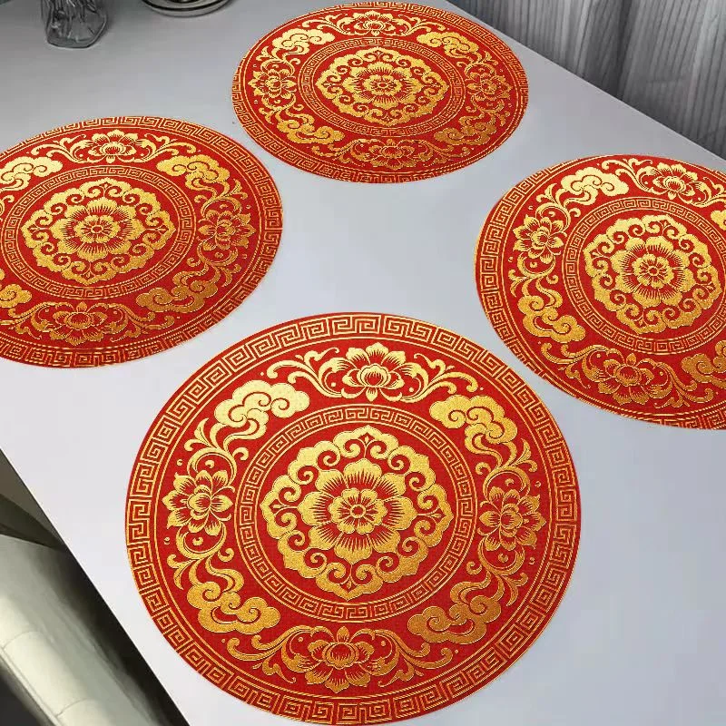 VIKAMA New Chinese Red Bottom Gilded Beast Round Linen Placemats, Heat Resistant Table Mat for Dining Table Kitchen Decor