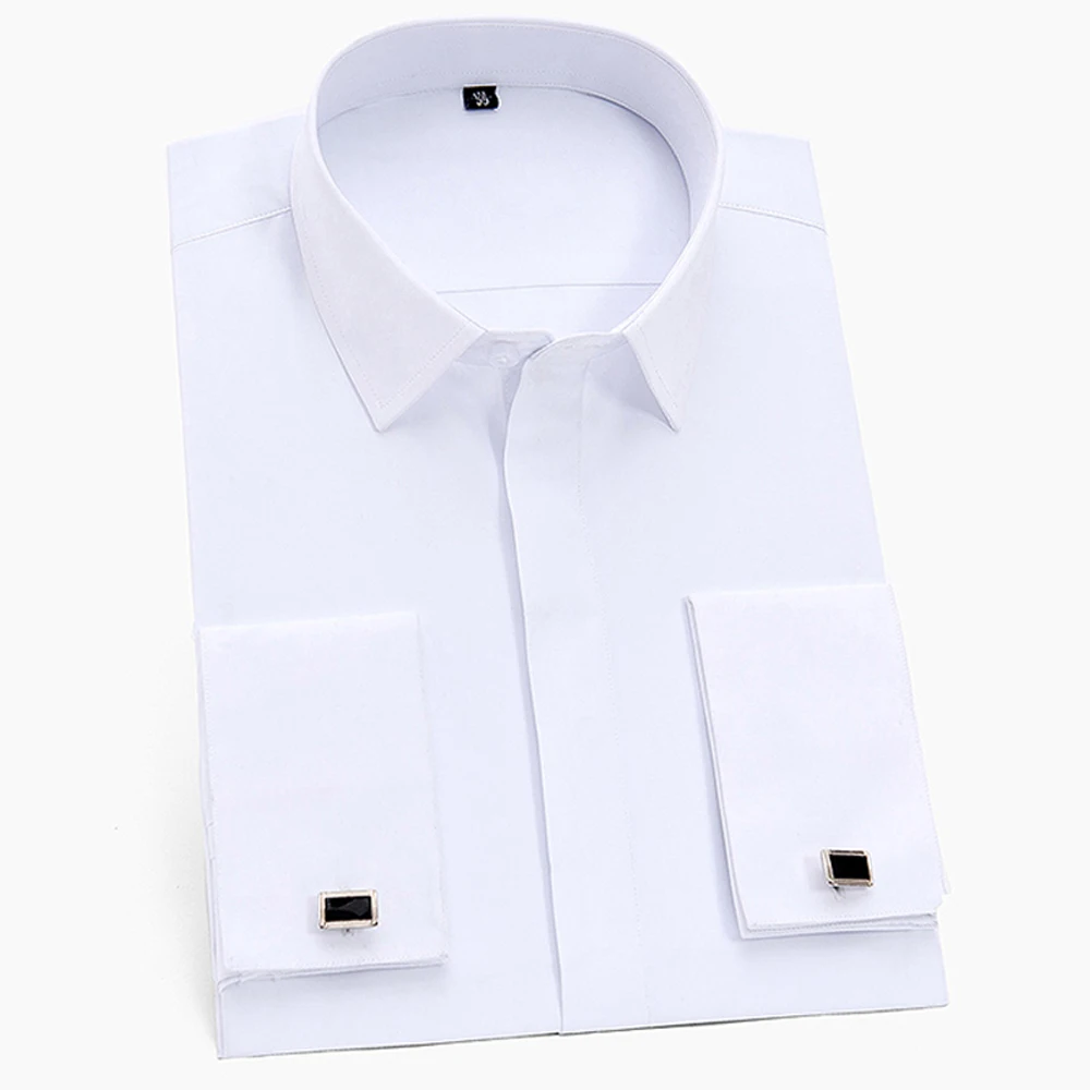 Men's Classic French Cuffs Solid Dress Shirt Covered Placket Formal Business Standard-fit Long Sleeve Office Work White Shirts