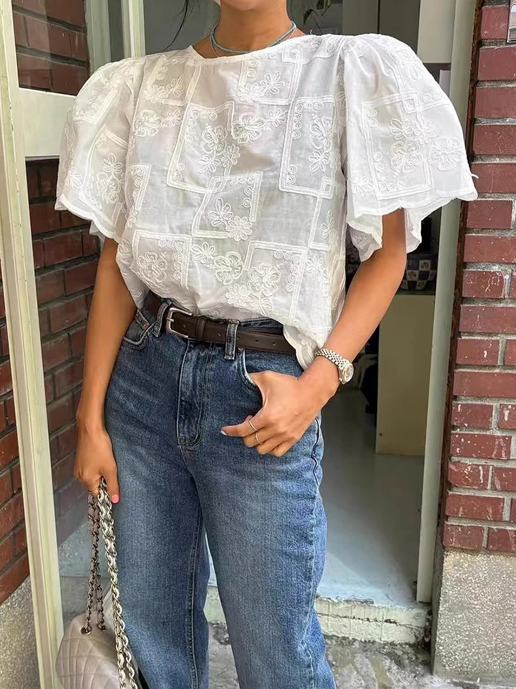 

Lace Ruffle Edge Shirt for Women's Summer New Retro Causal Short Sleeved Top