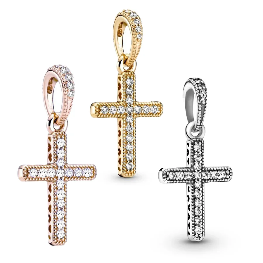 Rose Gold Plated & Gold Sparkling Cross Pendant Fine Dangle Charm Bead Fit Original Silver 925 Bracele DIY Women Jewelry Gift