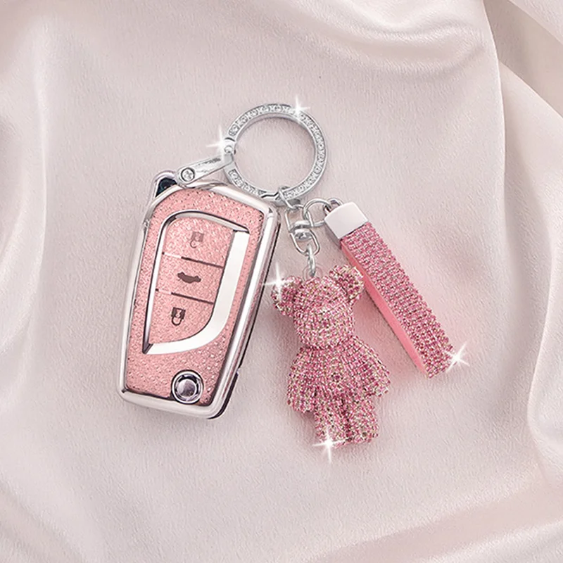 Crystal Pink Tpu for Toyota Hilux Corolla Avensis Prado Fortuner RAV4 CHR Flip Folding Car Key Case Cover Holder Fob Keychain