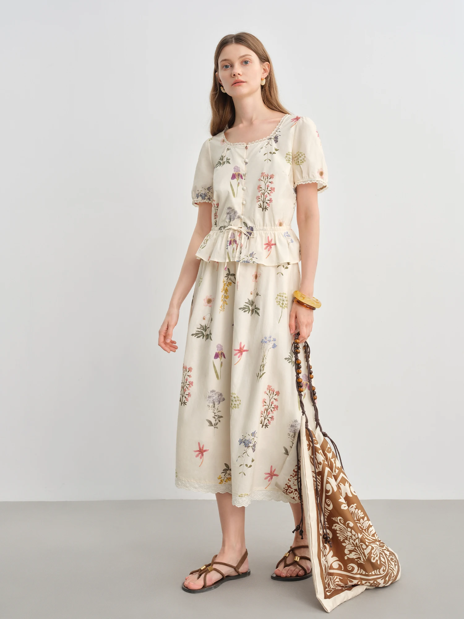DUSHU Plus-Size Women's French Plant-Inspired Fresh Fashionable Summer Skirt Set with Ruffled Printed Top 25DS82774+25DS82775