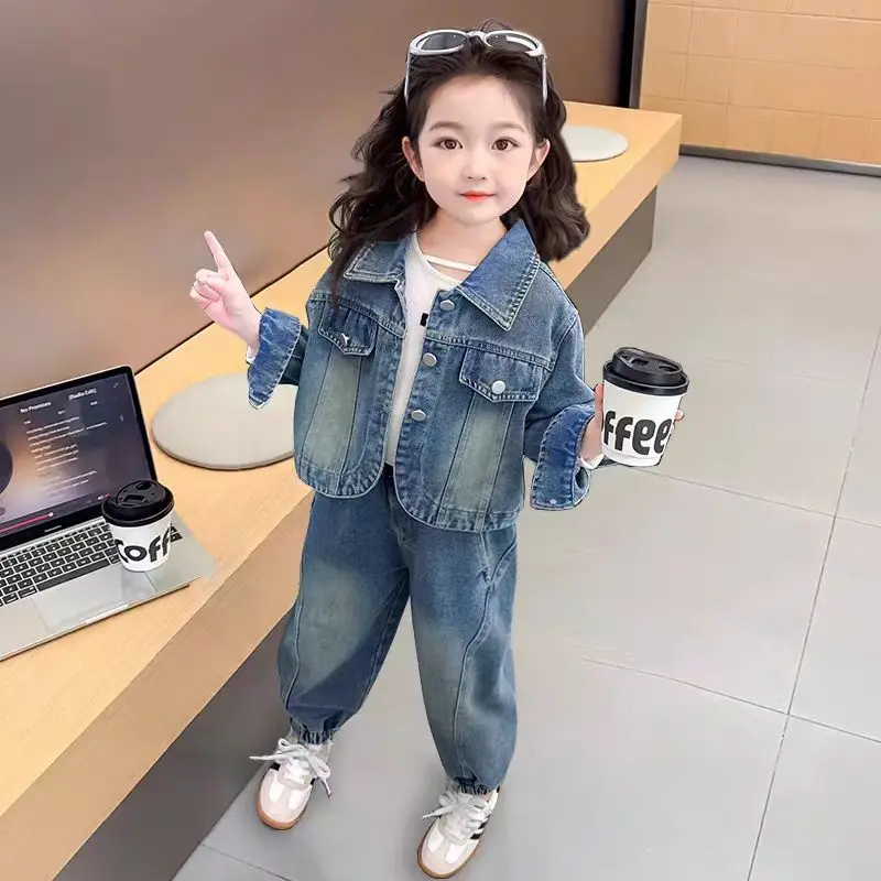 Korean Clothes for Children Spring Autumn New Girls' Loose Fashion  Denim Jacket Pants Kids Casual Top Jeans 2 Pcs Set