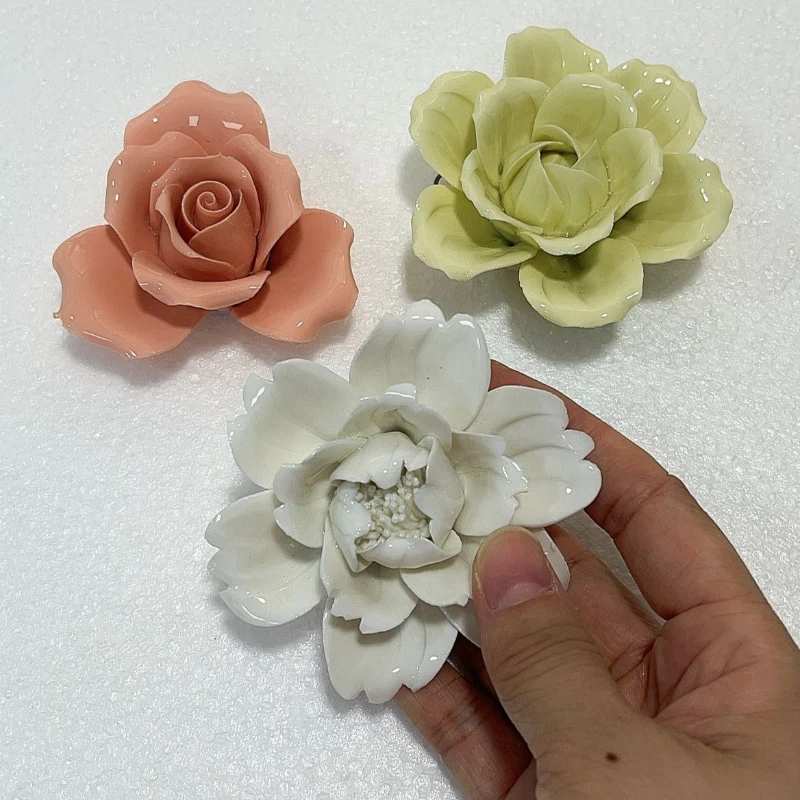 1pc Wall mounted ceramic flower Wall Stickers Crafts, Camellia, Roses, Peony, Wedding Room Decoration Christmas Gifts