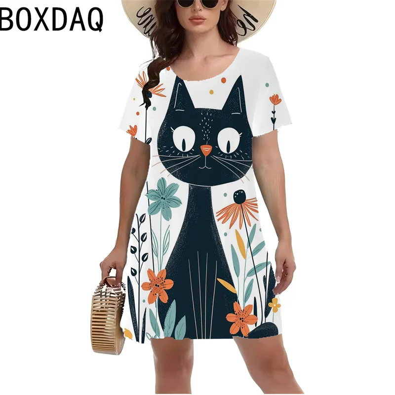 Funny Cat Pattern Printed Dress 3D Fashion Casual A-Line Dress S-3XL Big Size Women Short Sleeve O-Neck Mini Dress Vestidos