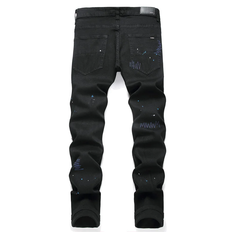 European Jeans With Distressed Patches, Black Trendy Elastic Slim Fit Leggings, Personalized Men\'s Pants