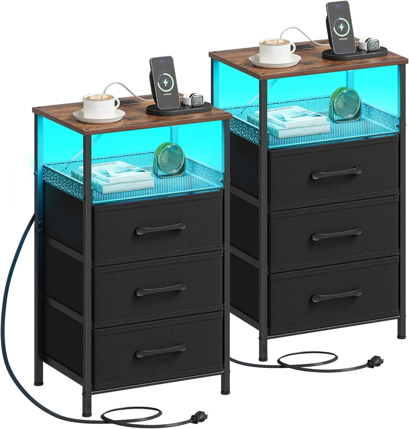 

3-Drawer Nightstand Set with Charging Station & RGB LED Lights, USB Ports, Open Shelf, Rustic Brown Bedside Table