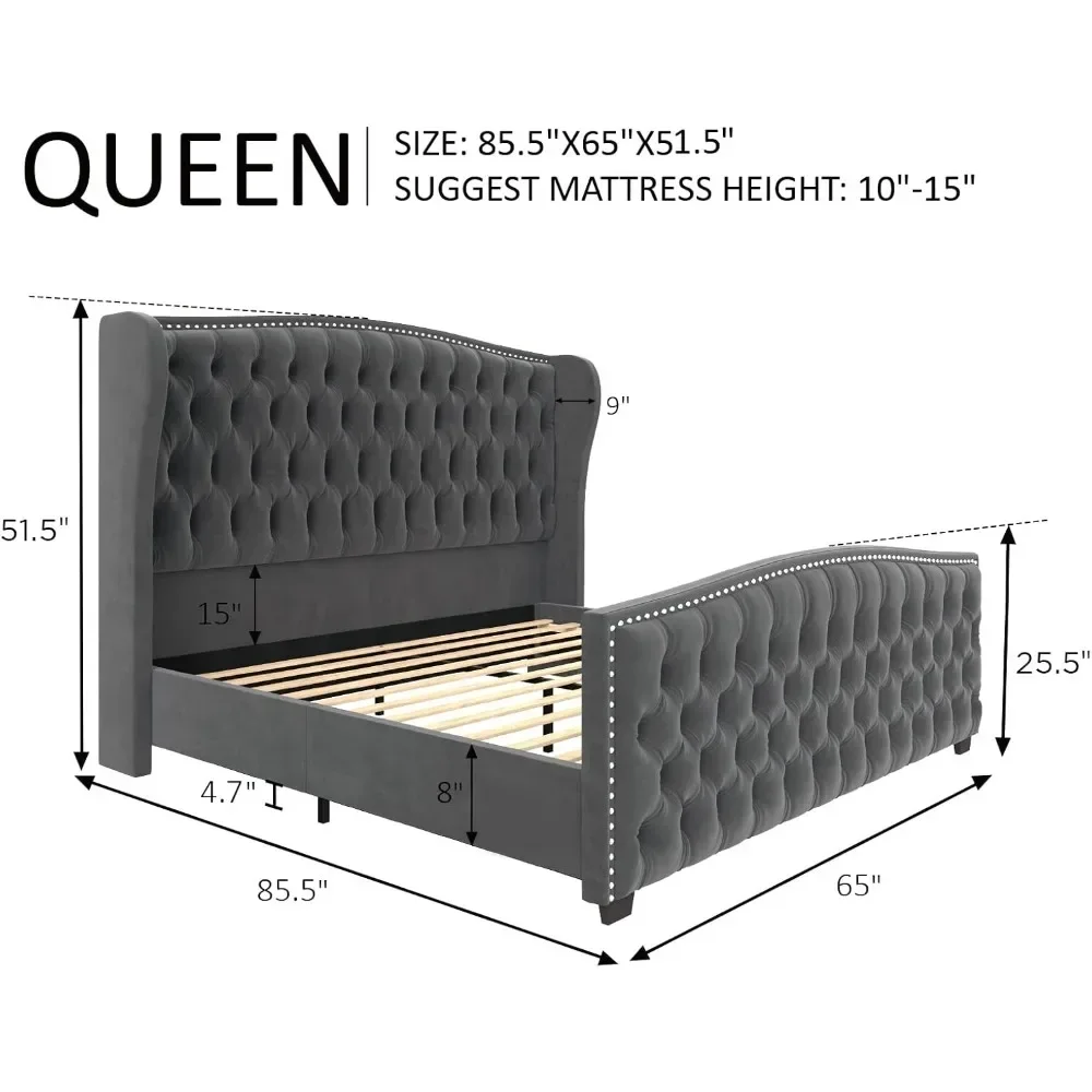 Platform Bed Frame, Velvet Upholstered Bed with Deep Button Tufted & Nailhead Trim Wingback Headboard/No Box Spring Needed