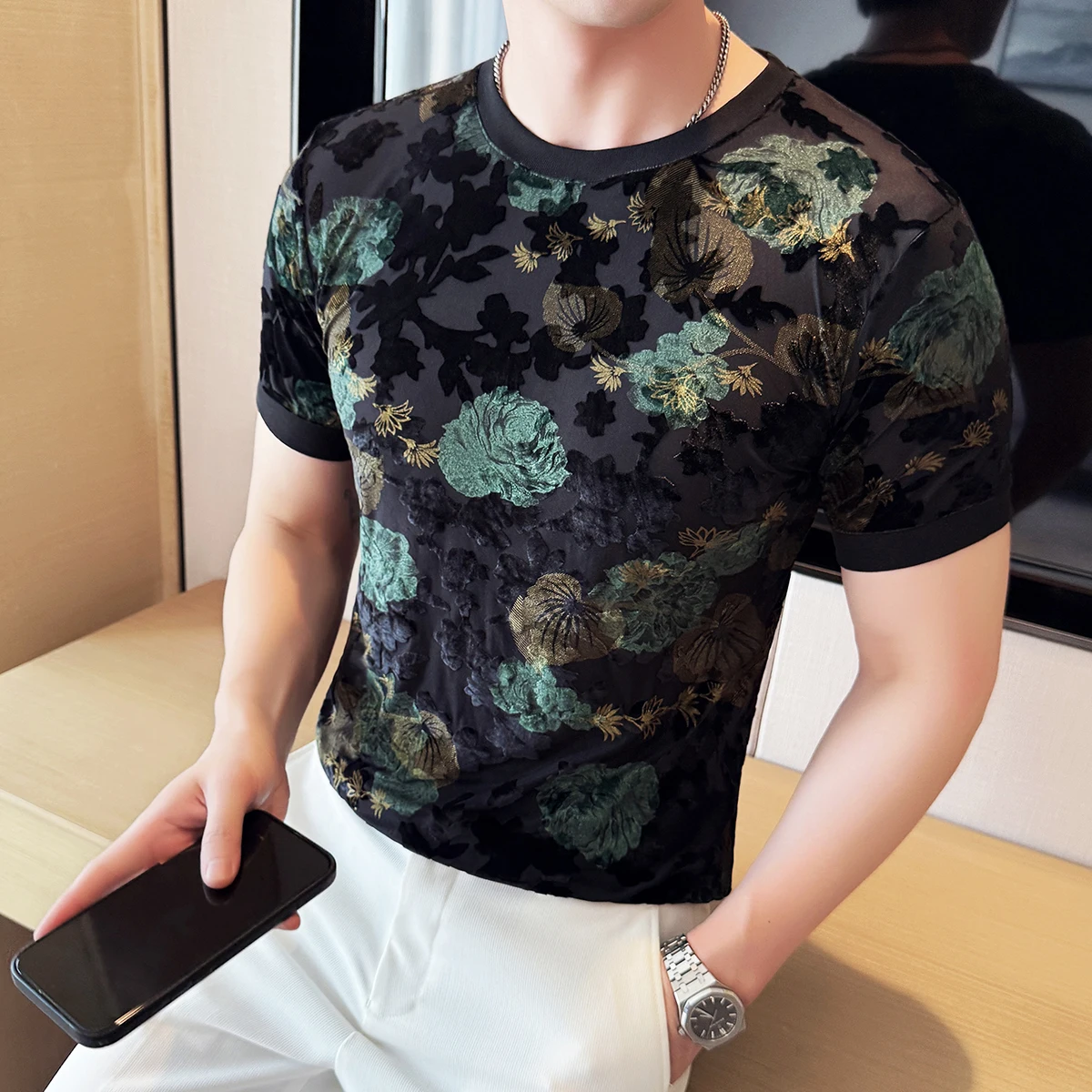 Chinese Retro Jacquard Flocking T-shirt Men's Summer Thin Comfortable Cool Breathable Mesh Hollowed-out Short Sleevet T-shirts