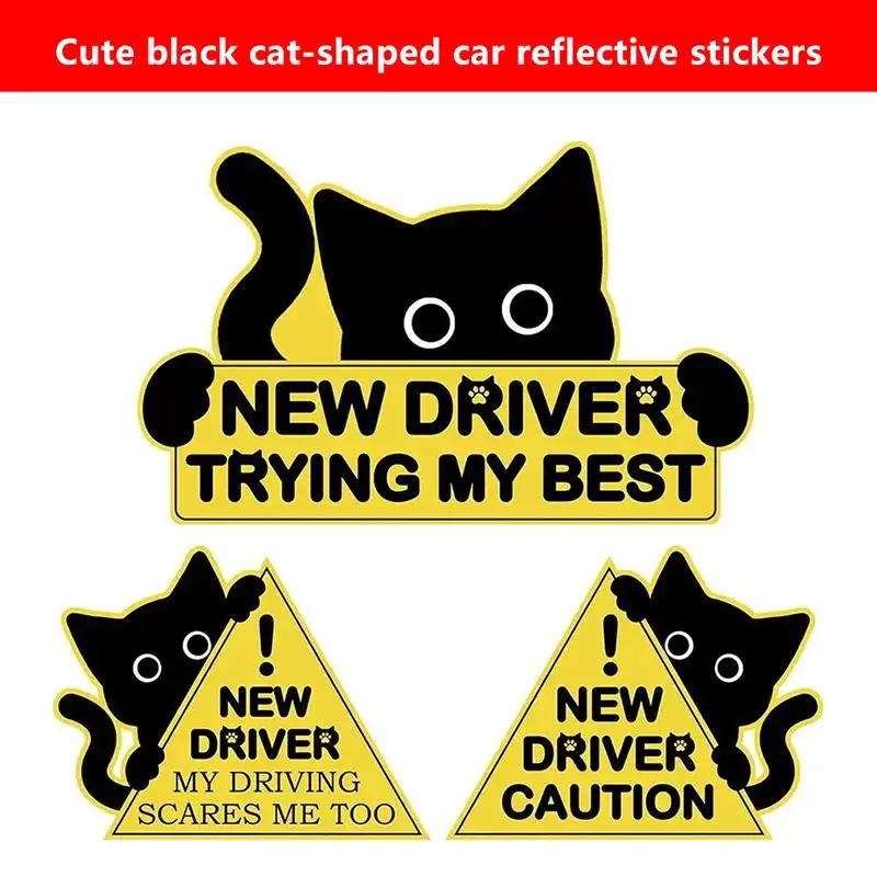 【MO】Black Cat Reflective Sticker For New Car Drivers, Please Be Patient, Car Decoration Sticker, Safe Driving.