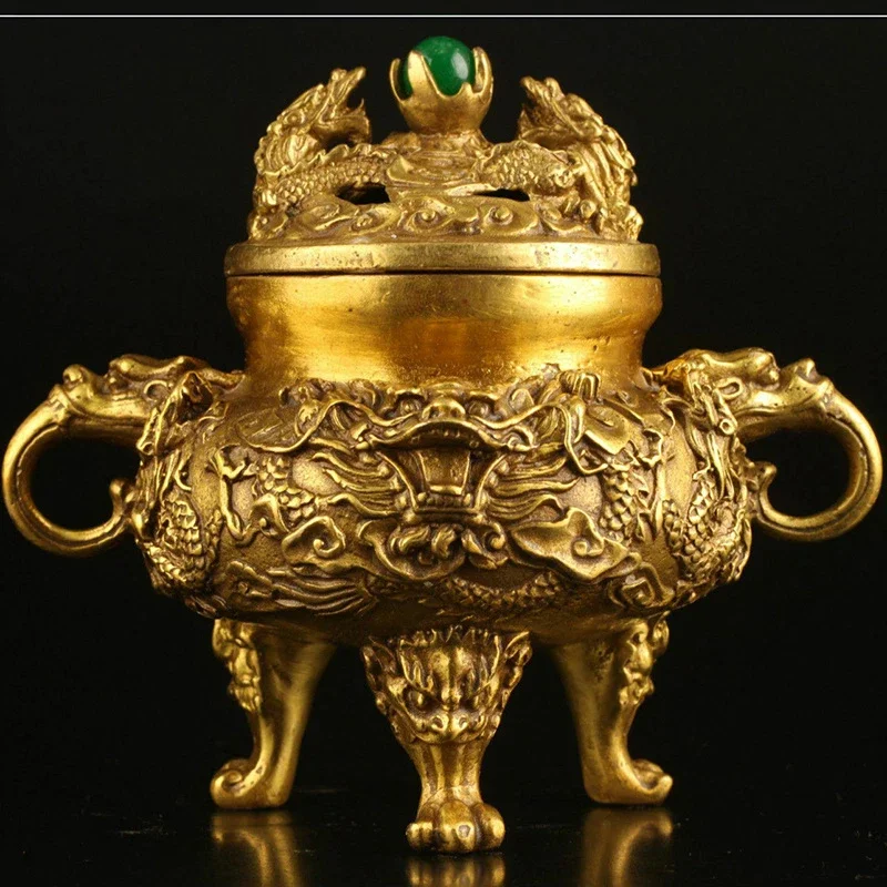 Antique Chinese Brass Dragon Incense Burner Three-legged Incense Burner Ornament