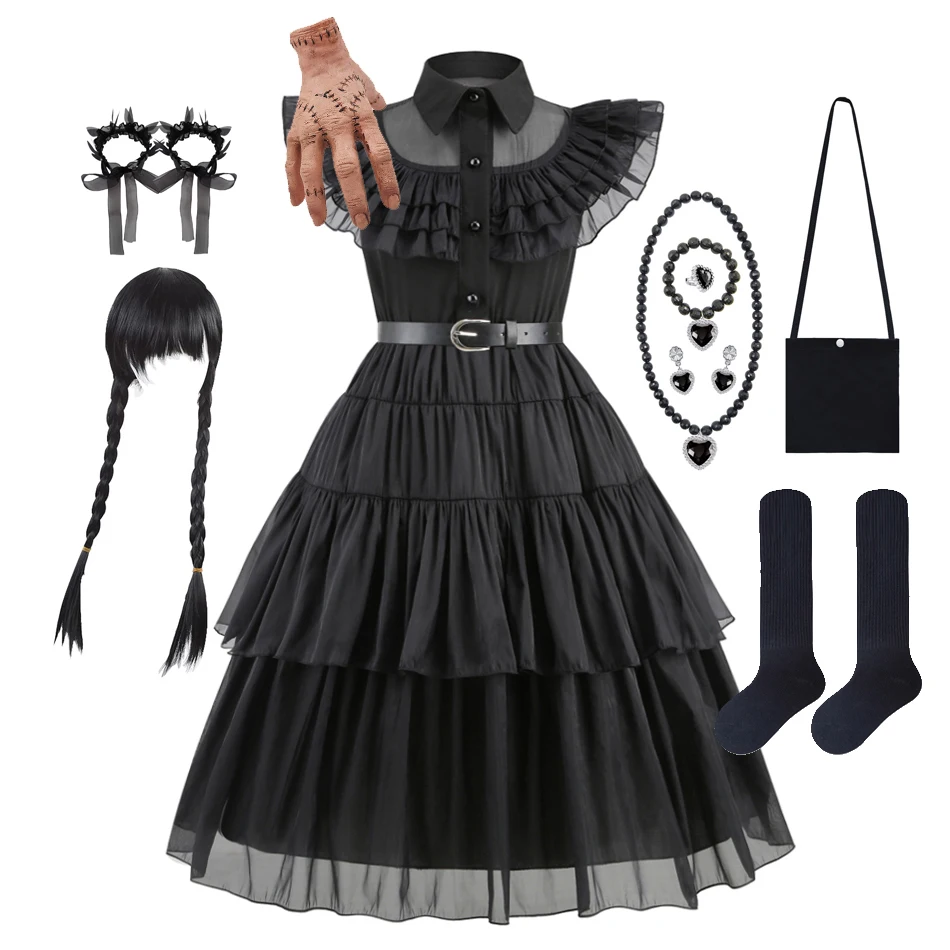 Girl Adams Cosplay Costume Children Halloween Party Disguise Outfits Kids Black Evil Witch Dress Layered Tulle Princess Clothes