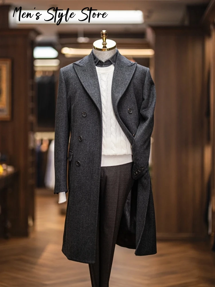 Outono inverno moda chesterfield casaco masculino espinha de peixe tweed duplo breasted meados de comprimento terno quente jaqueta mistura de lã casaco