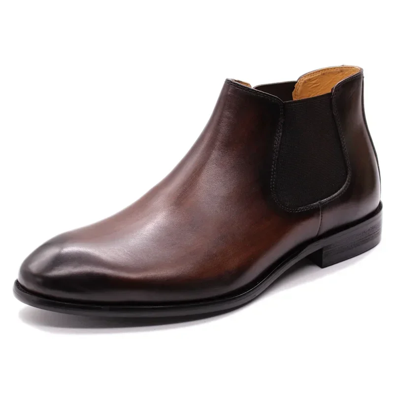 FELIX CHU Men's High Top Chelsea Boots Autumn Winter Genuine Leather Ankle Boots Brown Luxury Dress Shoes Basic Male Footwear