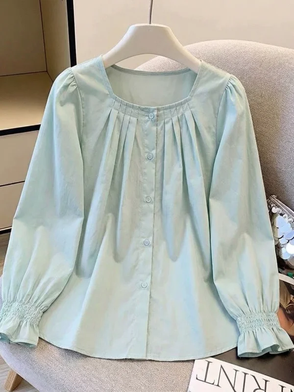 

Mint Green Flared Sleeve Shirt Women's Korean Style Doll Top Shoulder Width Regular Length Long Sleeve round Neck Commute Style
