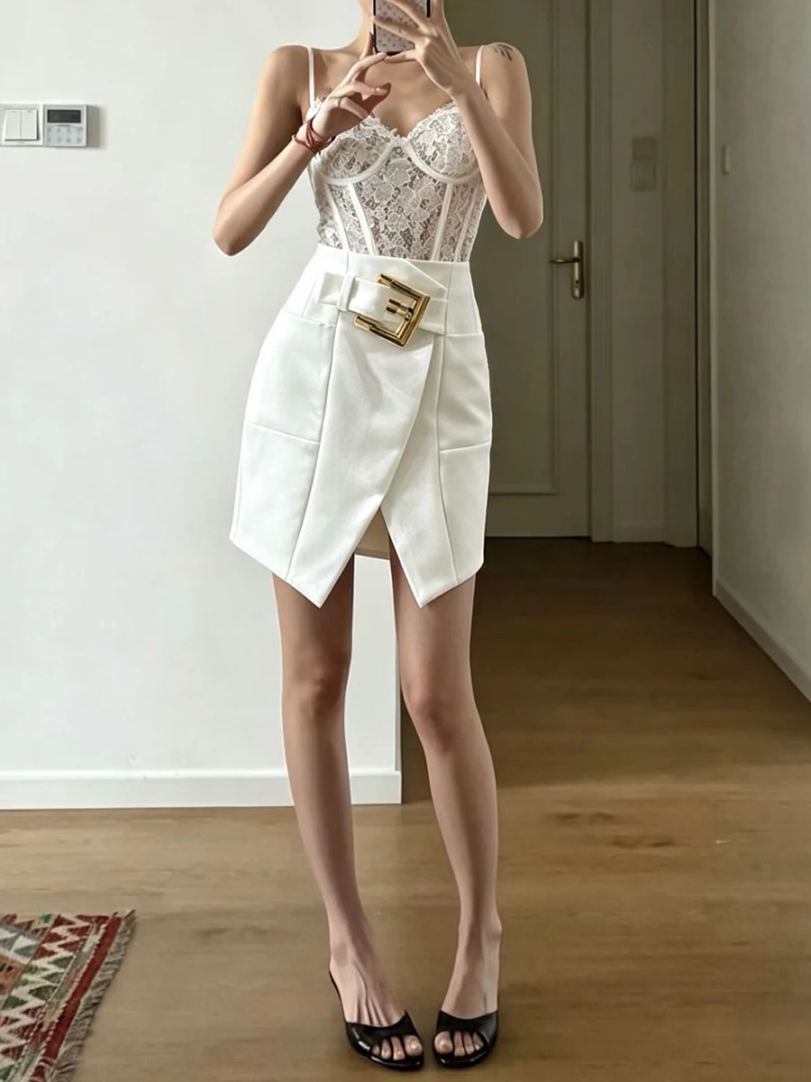 TWOTWINSTYLE Glam Lace Two Piece for Women Spaghetti Strap Bustier Gold Button Accent Asymmetrical Skirt Suit for Club Nights
