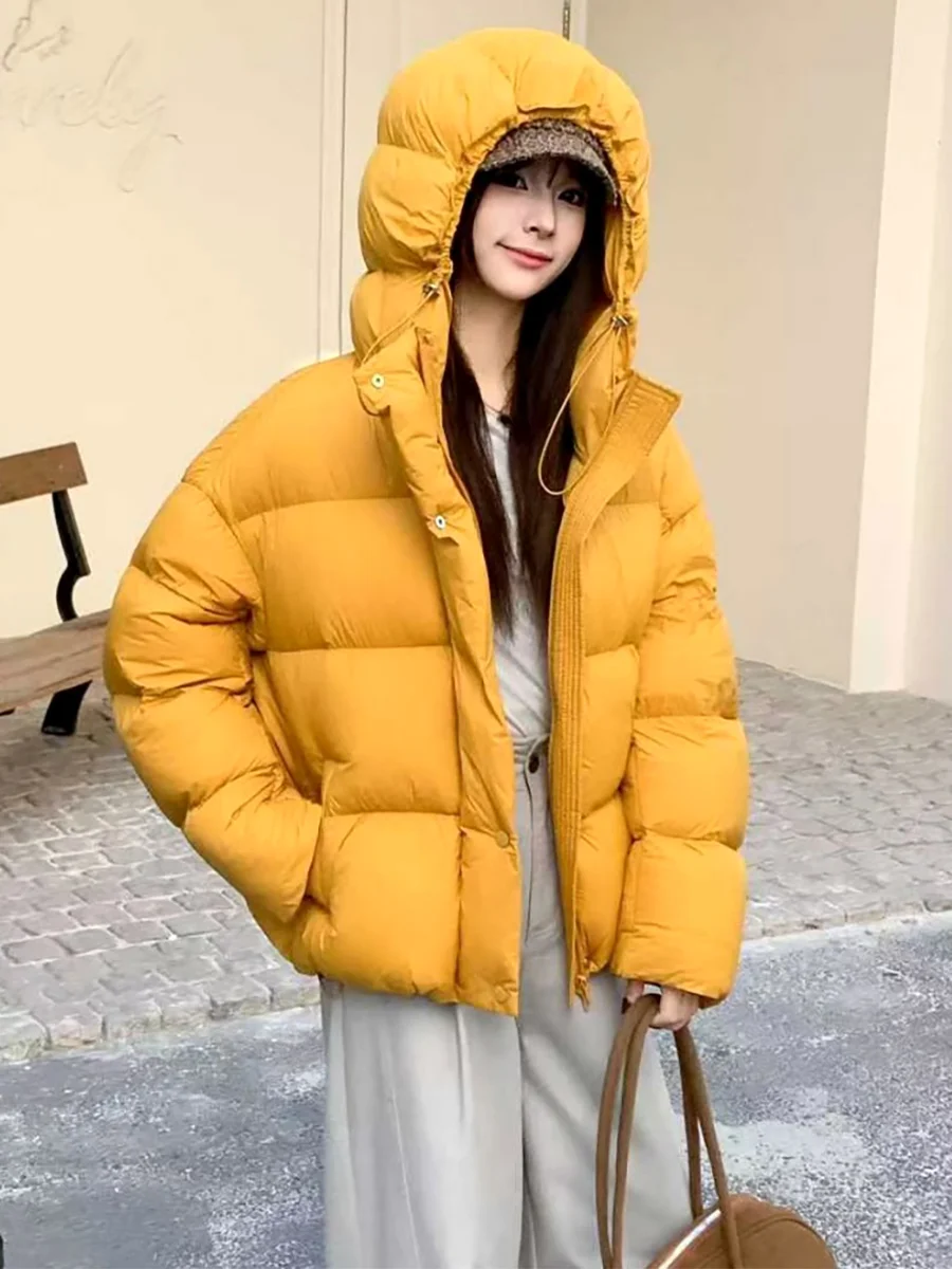 

Yellow Hooded Cloud Puff White Du down Thiened Bread Sle Women's down Jaet Casual Loose Fit Warm ort Coat