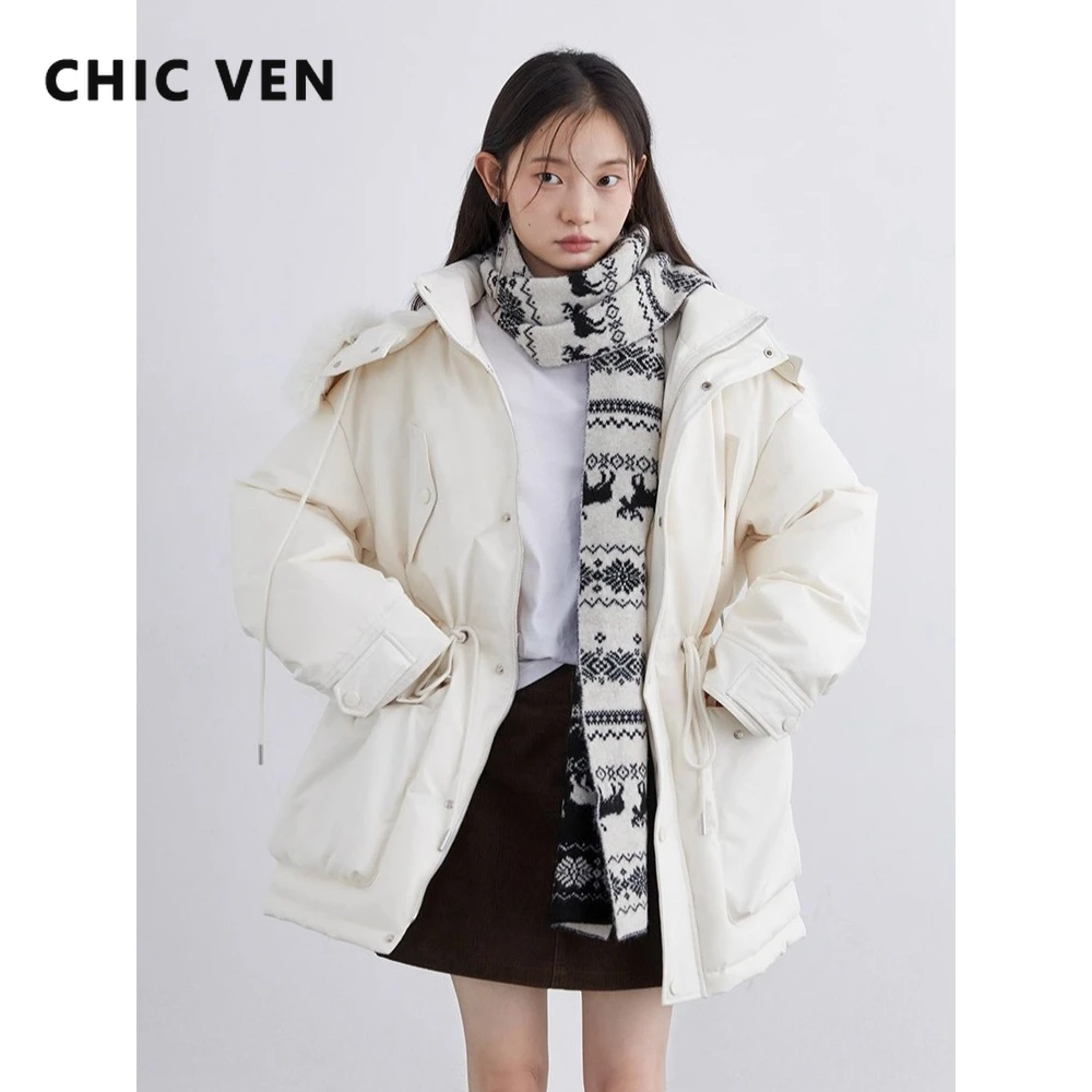 CHIC VEN Korean Women Hooded Down Coat Solid Loose Casual 90 White Duck Down Female Mid Length Jacket Autumn Winter 2025