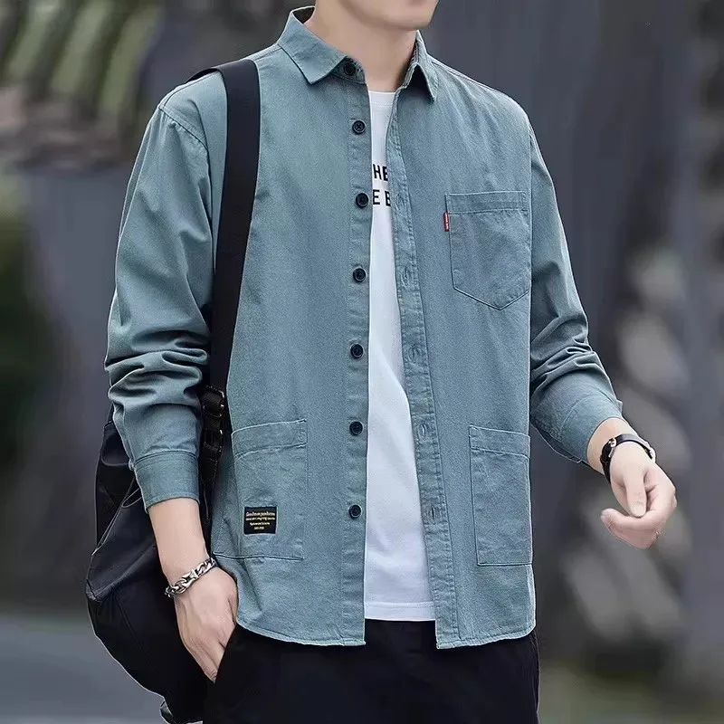 2026 New Men's Casual Long Sleeve Shirt Durable Wear Resistant Polyester Fiber Spring Autumn Workwear Loose Fit Easy Care