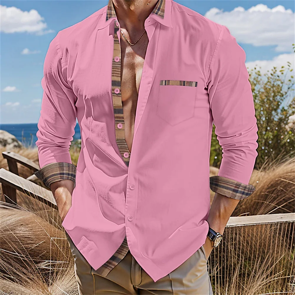 2024 New Men\'s Button Up Shirt Pink White Long sleeved Lapel Daily Vacation Pocket Casual Comfortable Top Plus Size S-6XL