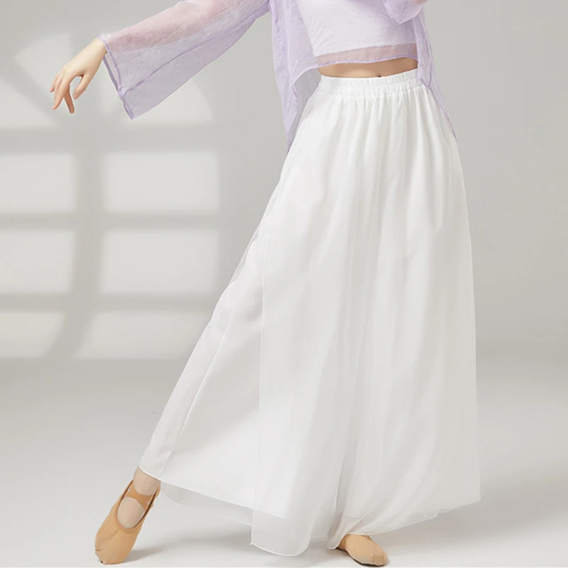 Klassieke dansbroek Dames Loose Fit Dubbellaags Zijsplit Chiffon Broek Wijde pijpen Broek Toneelkostuums Casual Lounge Wear