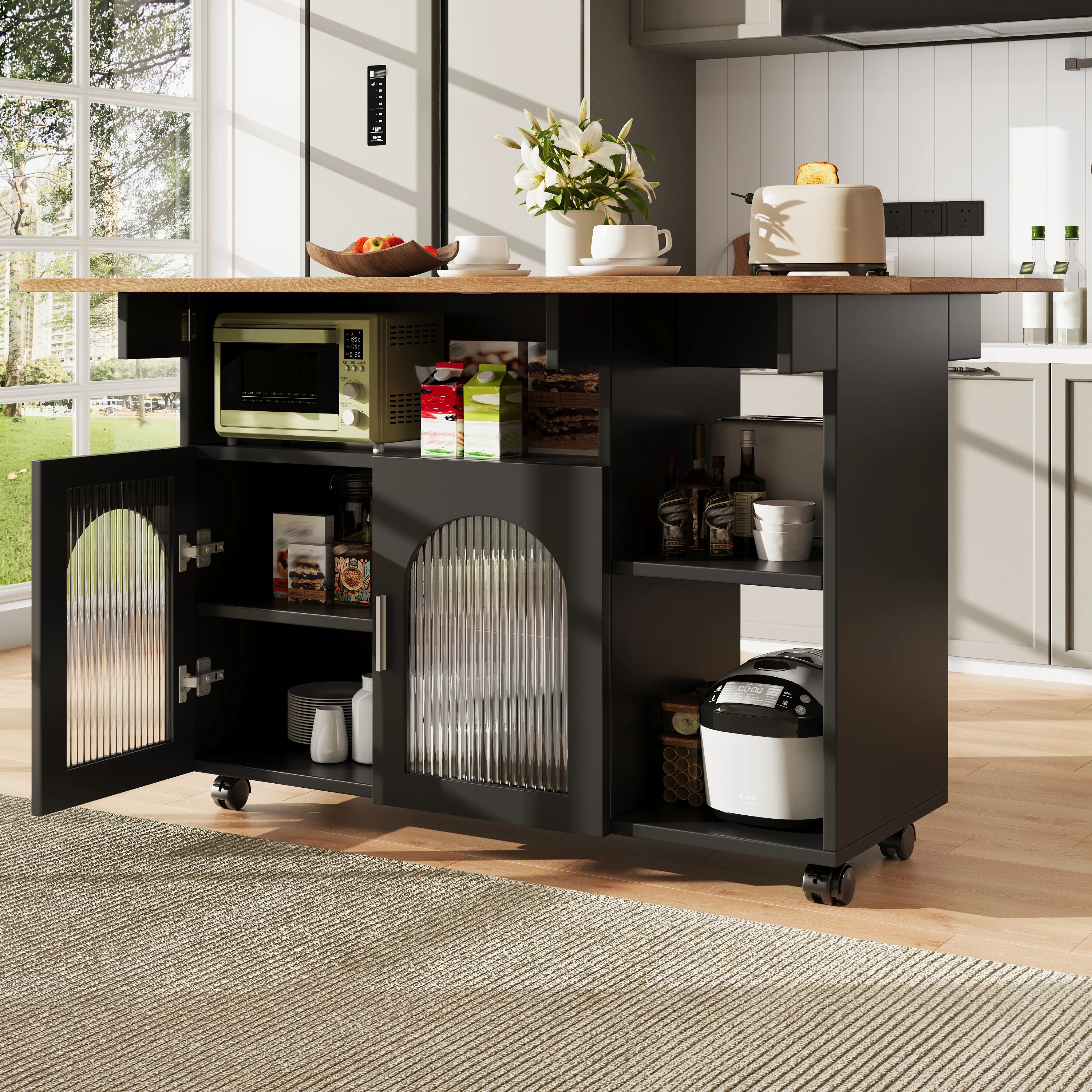Îlot de cuisine moderne avec chariot de service amovible, buffet en bois grainé, table à manger multifonctionnelle avec rangement, noir