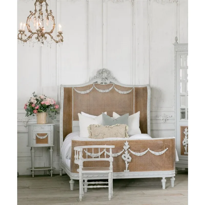 French high-end solid wood bed, retro rattan high-back double bed, American old carved court master bedroom