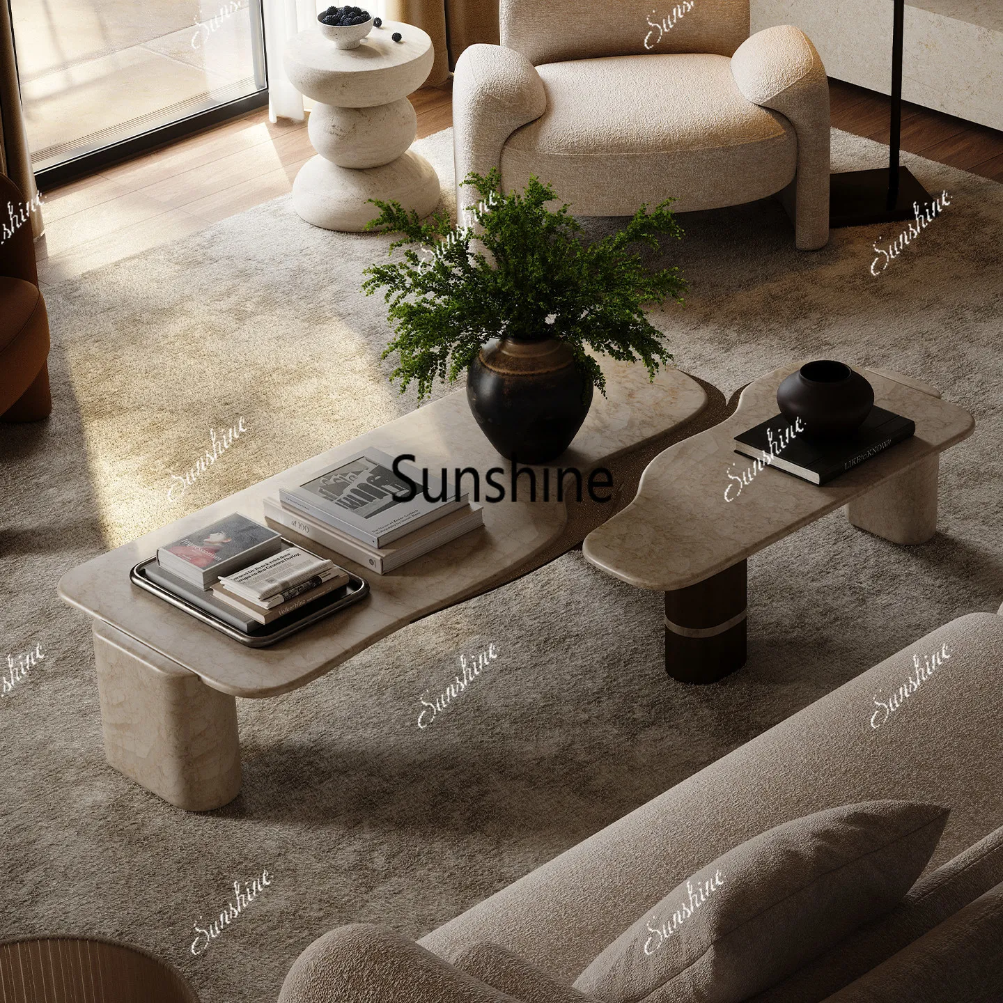 

Retro large flat-layer natural marble coffee table, ancient coffee table in the living room