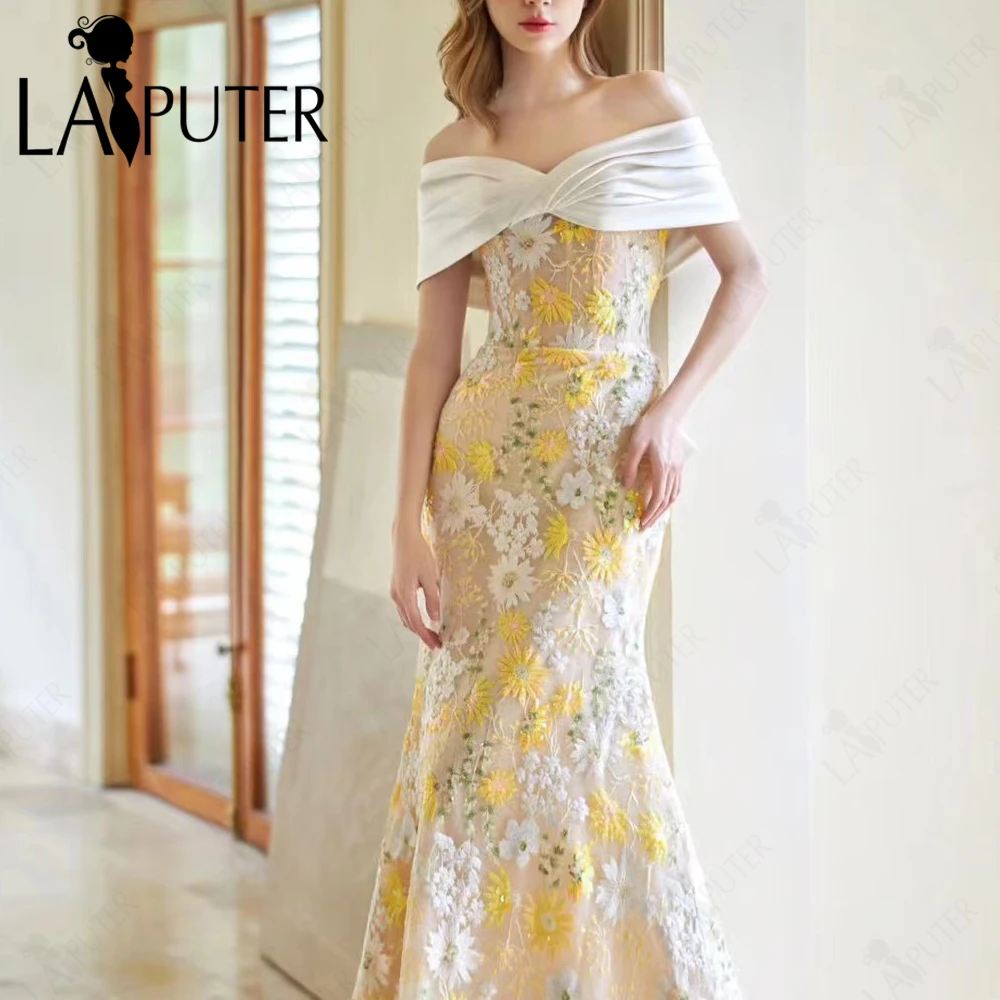 Off Shoulder Floral Yellow Mermaid Evening Dresses Ruched White Wraps Neck Party Dress Yellow Flowers Pattern Lace Prom Gown