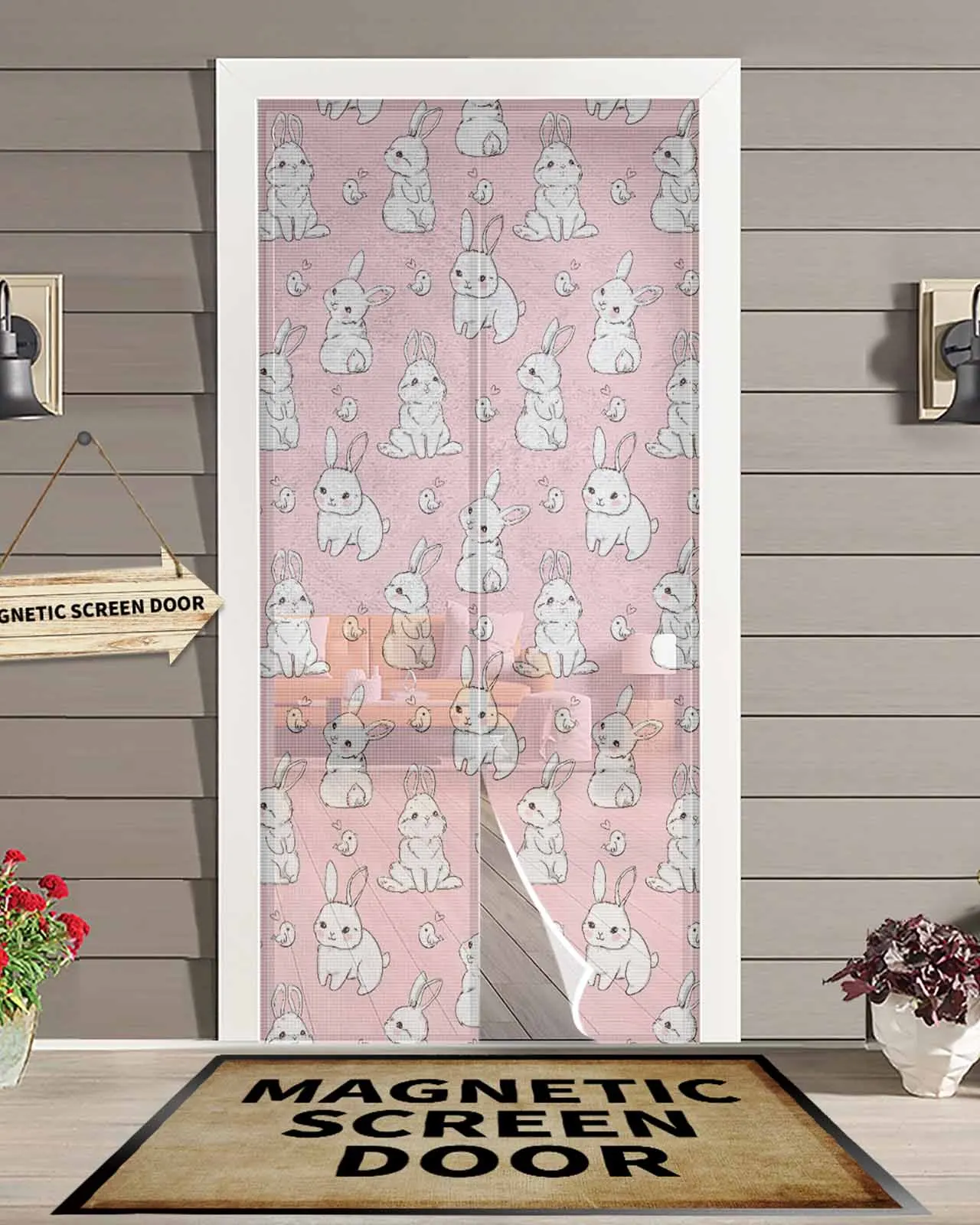 Pink Bunny Texture Summer Magnetic Door Curtain Living Room Bedroom Home Anti-mosquito Screen Door Curtain