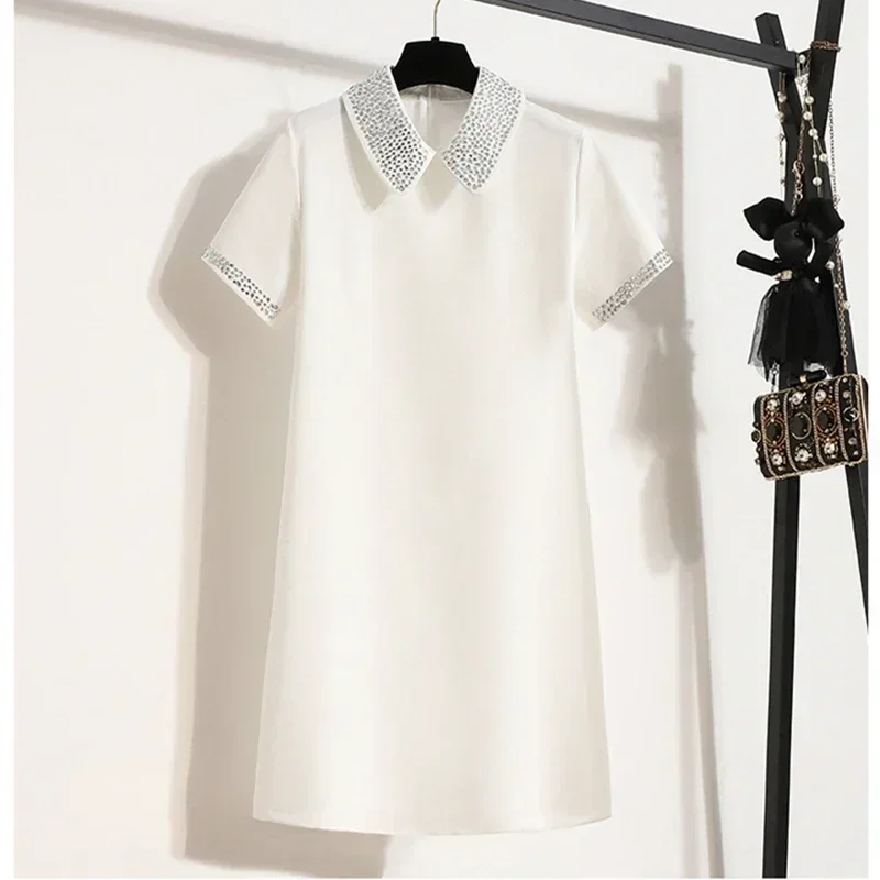 QNPQYX Chic Sparkling Diamond Beaded Peter Pan Collar abito corto donna estate elegante Fashion Office Lady Simple T Shirt Dress