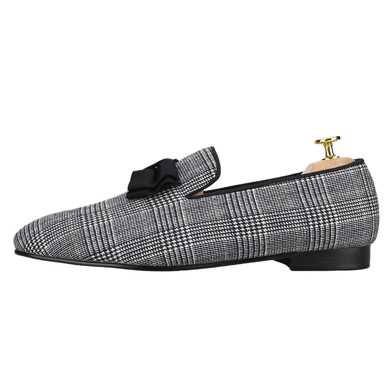 Piergitar Gray Color Gingham Printing Smoking Slippers For Party/Prom Handmade Black Bow Tie Slip-On Loafers Men's Casual Shoes