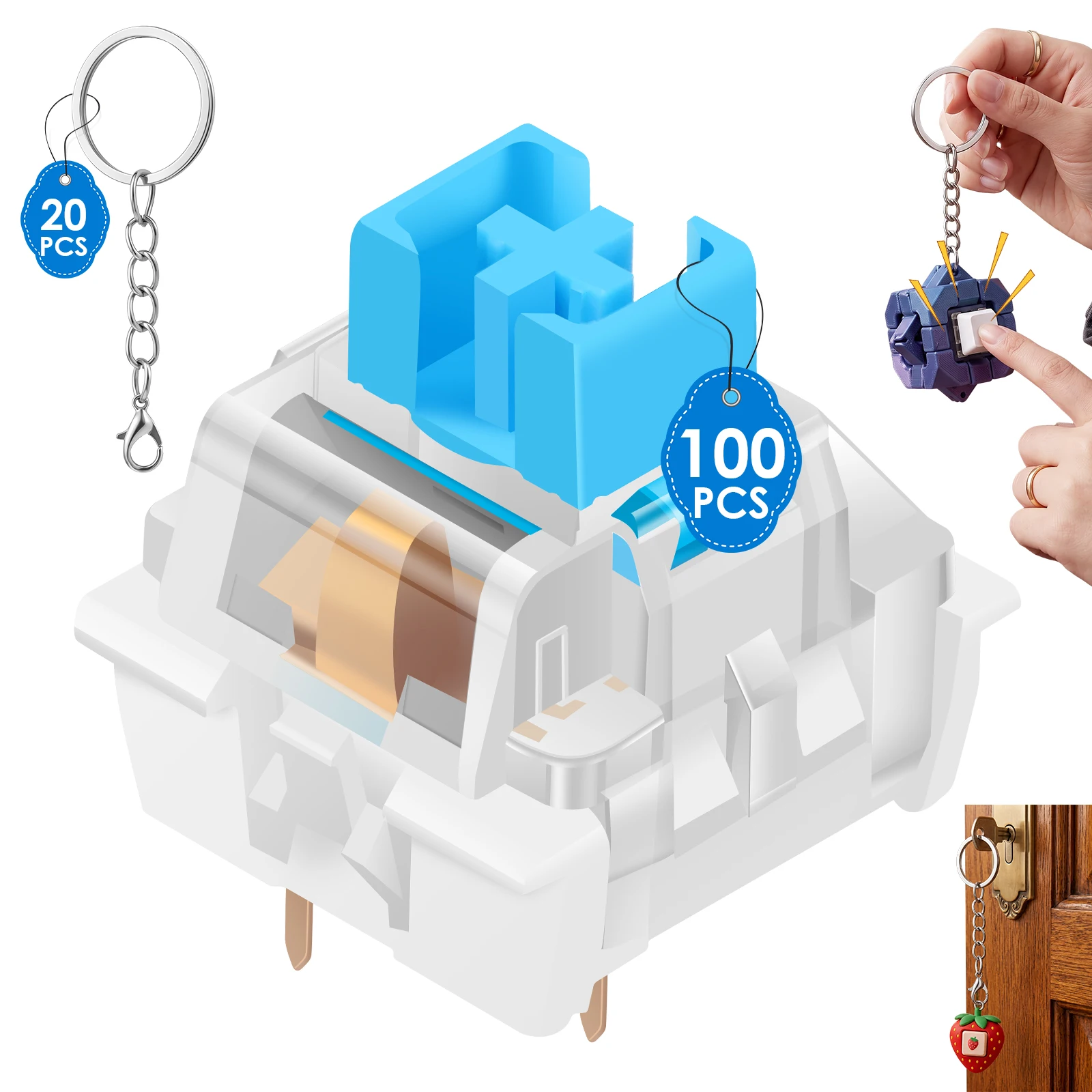 100Pcs 3 Pin Blue Mechanical Keyboard Switches with 20Pcs Keychains Set for 3D Printing Fidget Clicker Stress Relief Toy DIY