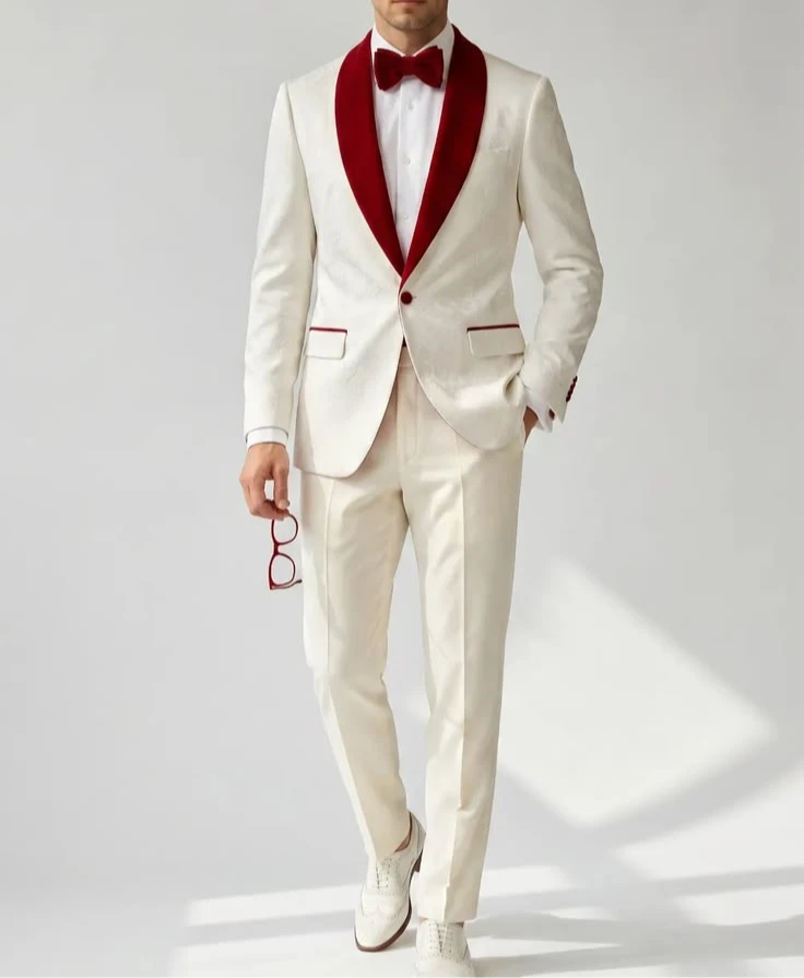 

Men's White and Red Shawl Lapel Jacquard 2-piece Tuxedo Suit